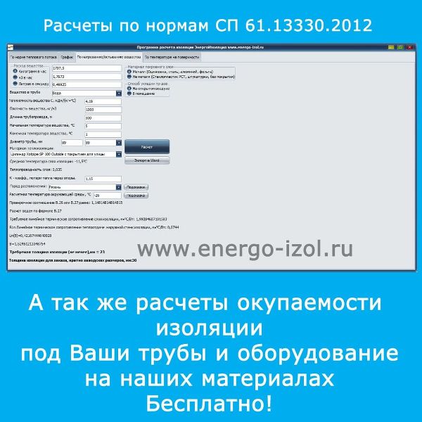 Расчет толщины изоляции по нормам теплопотерь СП 61.13330.2012